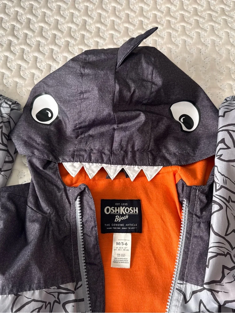 OshKosh B'gosh Gray Shark Hooded Jacket with Orange Lining